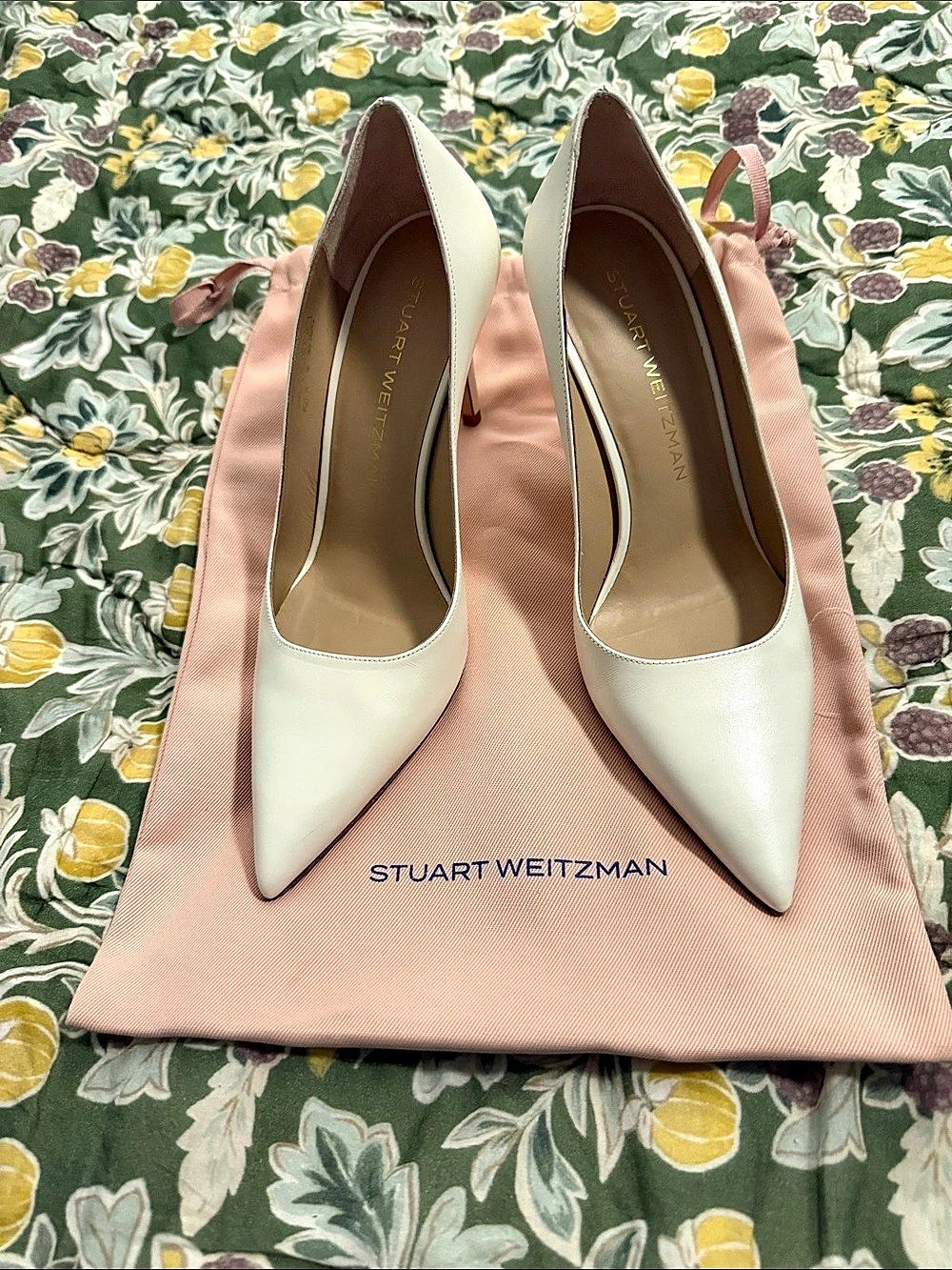 Stuart Weitzman Anny Pointed Toe Pump Heels in White